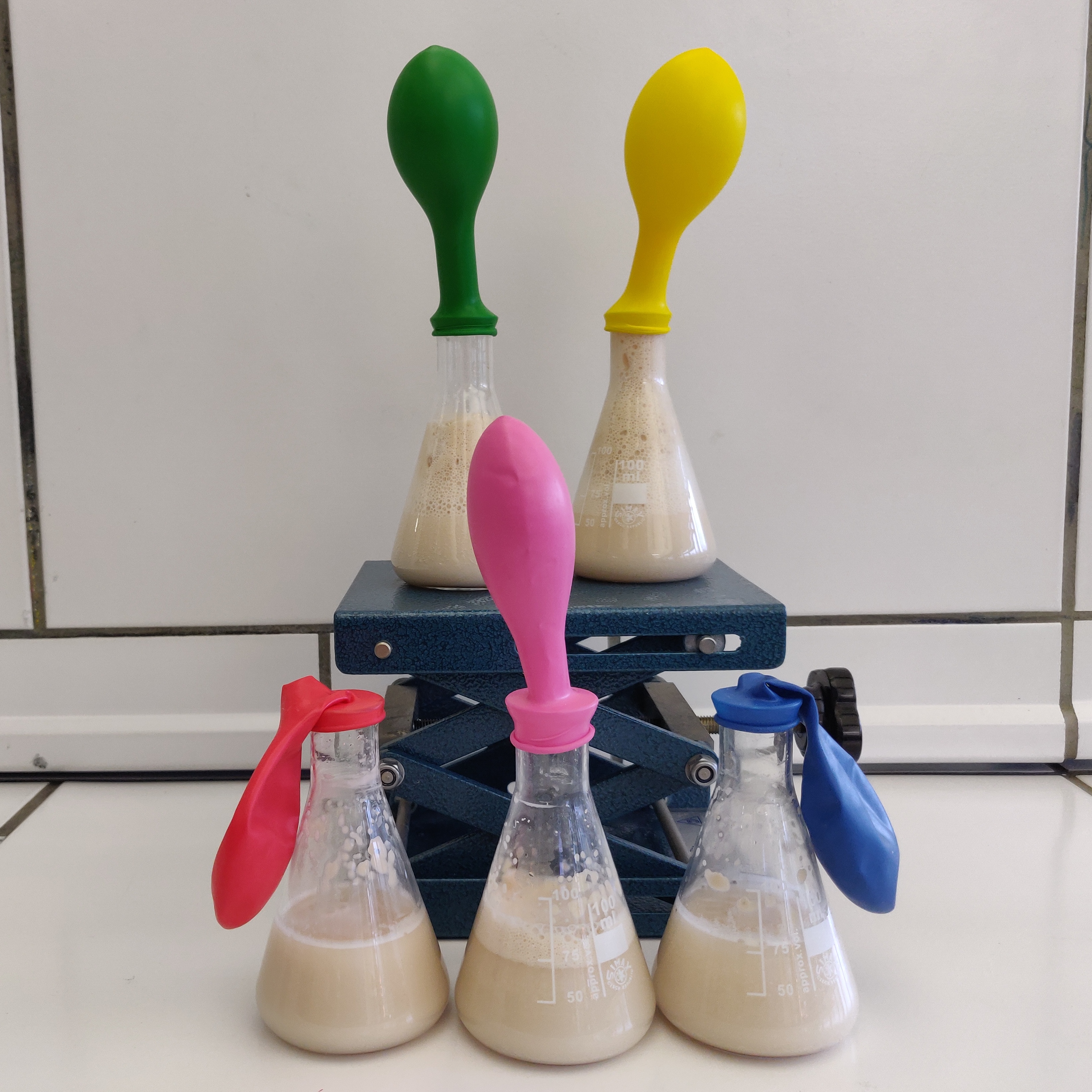 Bild aus dem Chemischen Fotokalender: Erlenmeyerkolben mit bunten Luftballons