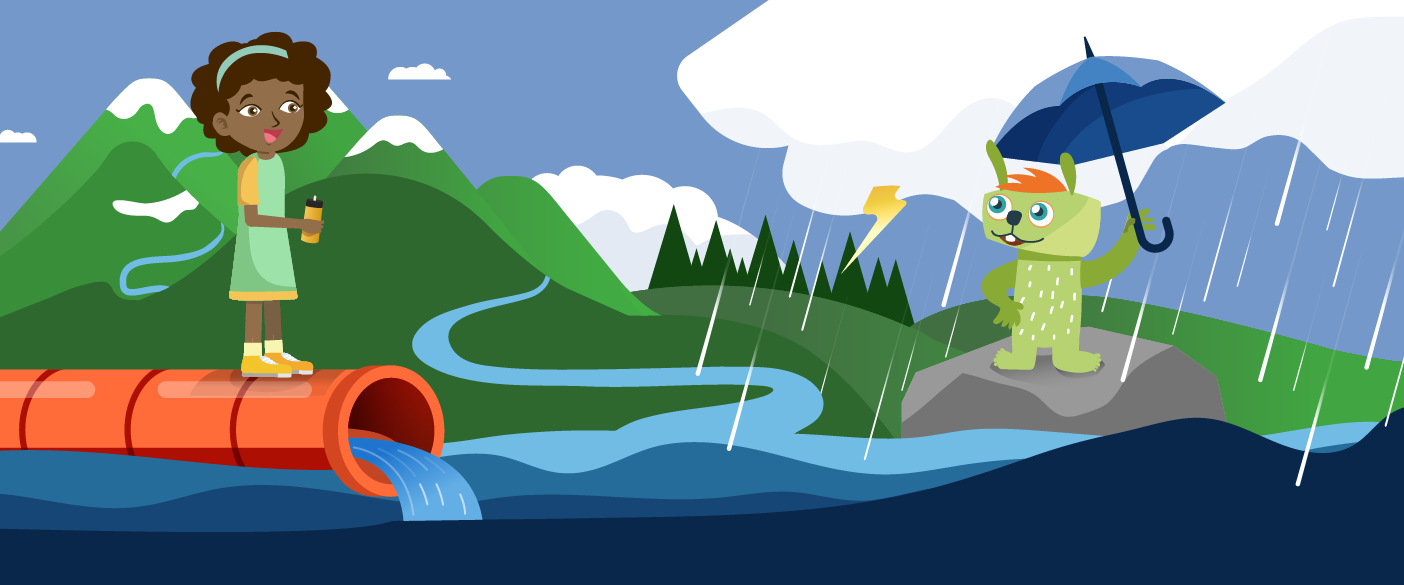 Ein Kind und die Comicfigur des Projekts mit Motiven zum Thema Wasser