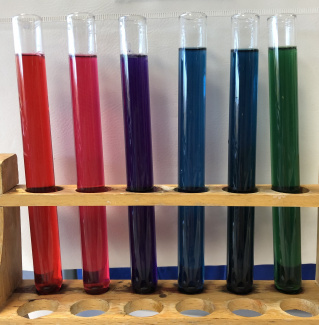 Bild aus dem Chemischen Fotokalender: Bunte Flüssigkeit in Reagenzgläsern