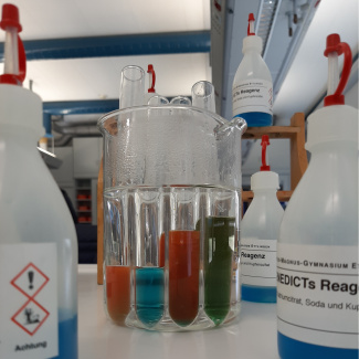 Bild aus dem Chemischen Fotokalender: Reagenzgläser mit bunter Flüssigkeit