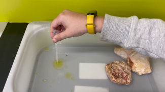 Eine Hand hält eine Pipette in einen Behälter mit Wasser und Öl