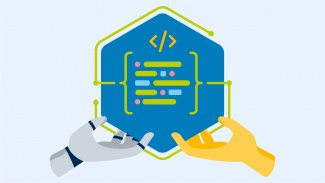 Projektlogo Programmieren für die Zukunft mit einem symbolischen Sechseck, das von einer Roboter- und einer menschlichen Hand gehalten wird